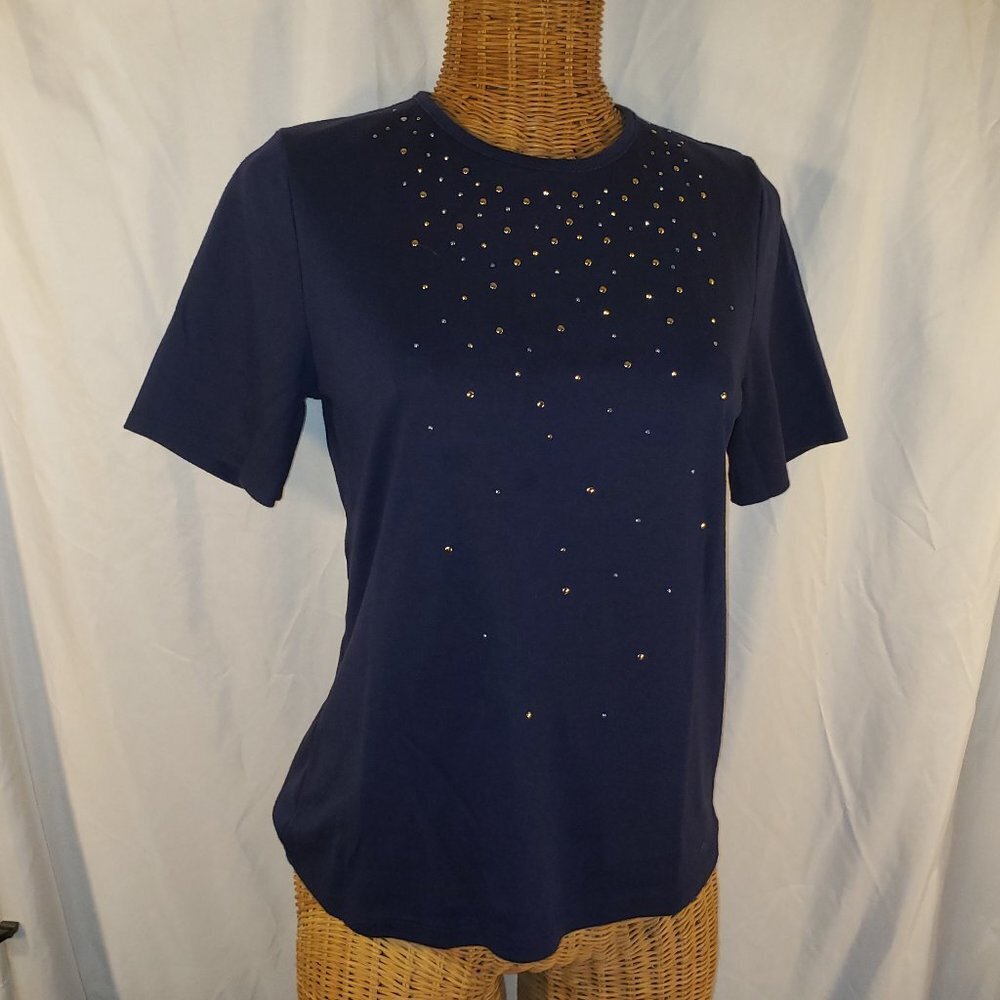 Alia Blue Short Sleeve Round Neck Top w/Cascading Gold Grommet - S